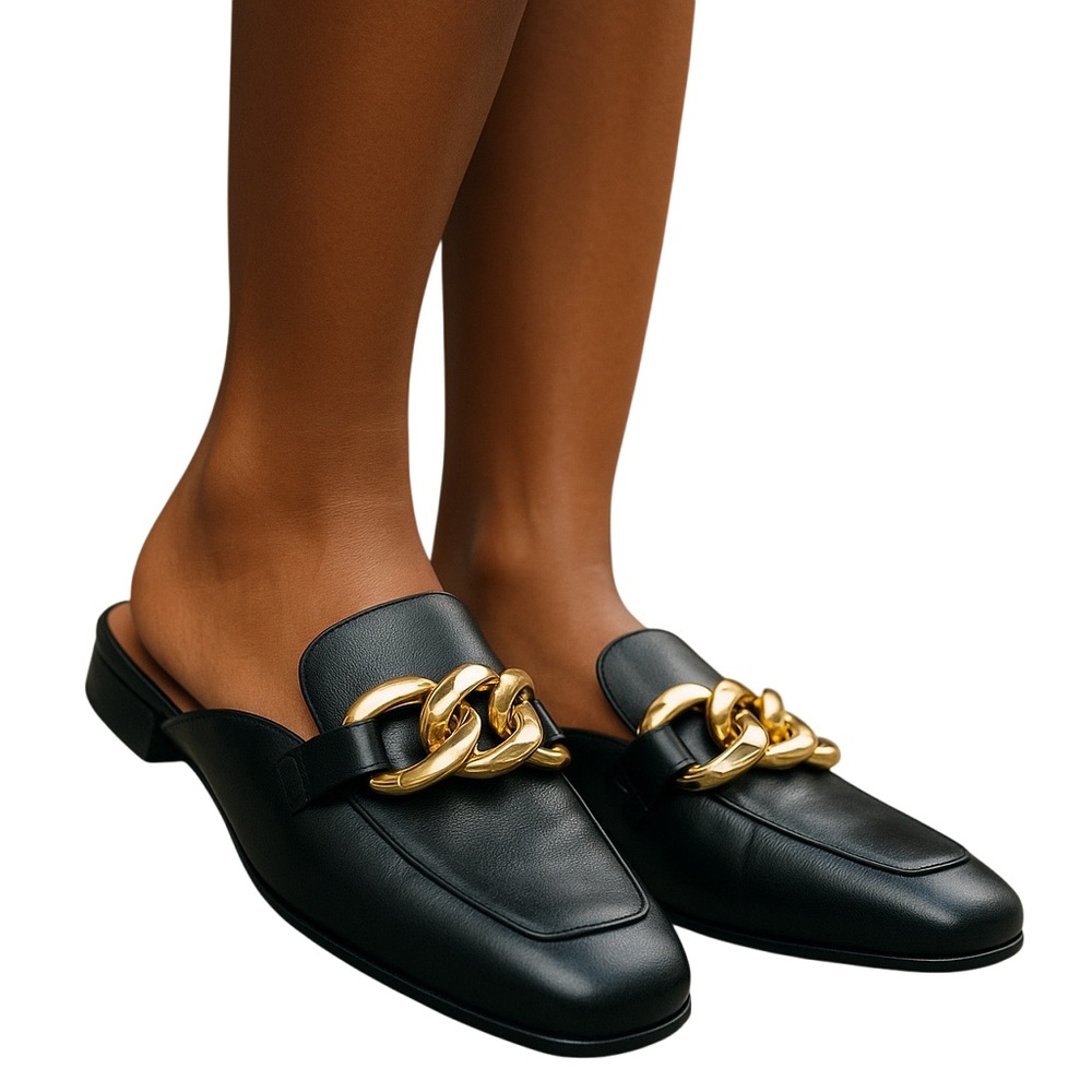 Lisa Vicky Mules Chain Linked Hardware Cushioned Footbed Size 9M Black